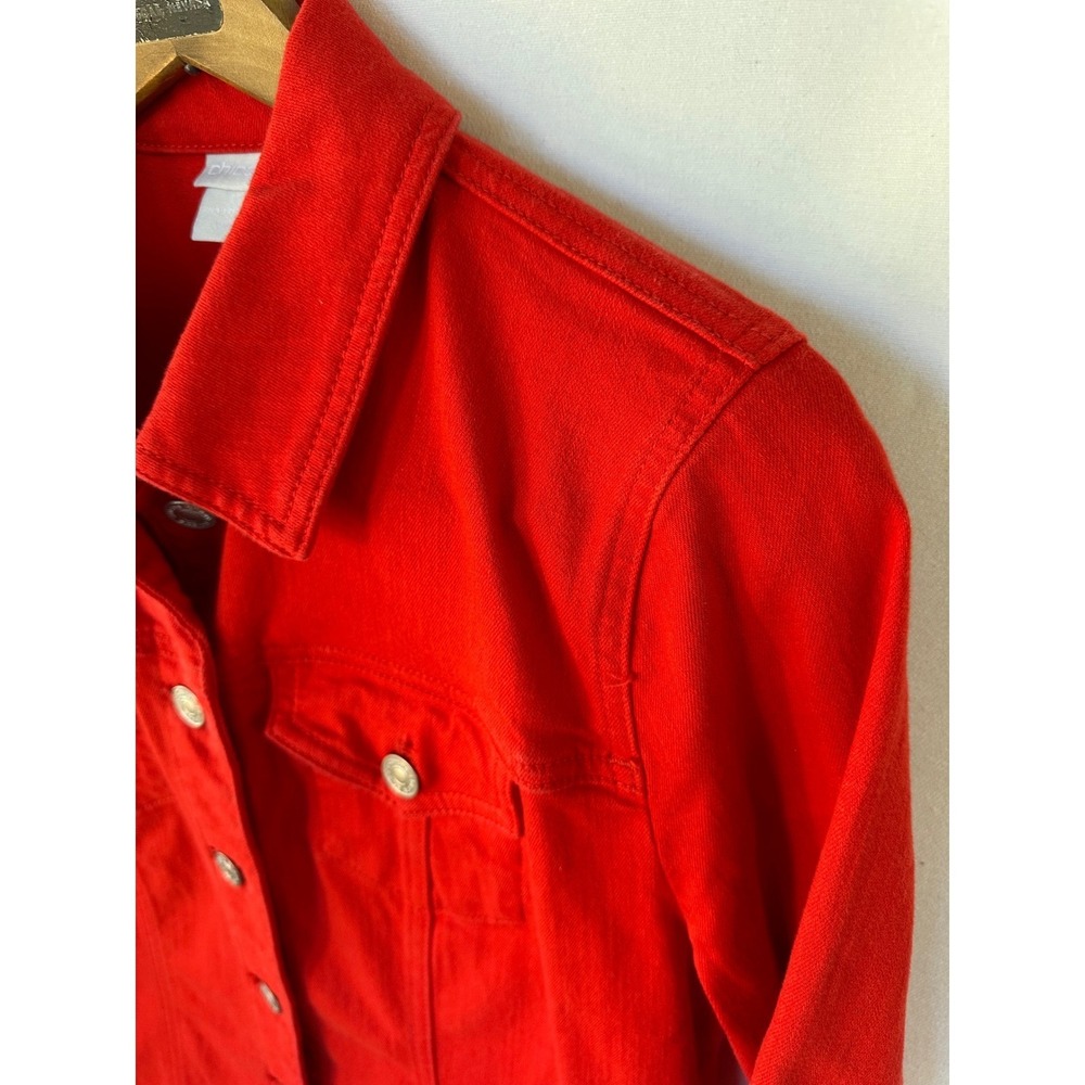 Chico's Denim Jacket Frayed Hem Button Front Women's M Red Excellent - Picture 4 of 7